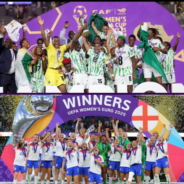 A collage of WAFCON 2024 winners and UEFA Women's EUROS 2025 Winners. Nigerian women and England women.
